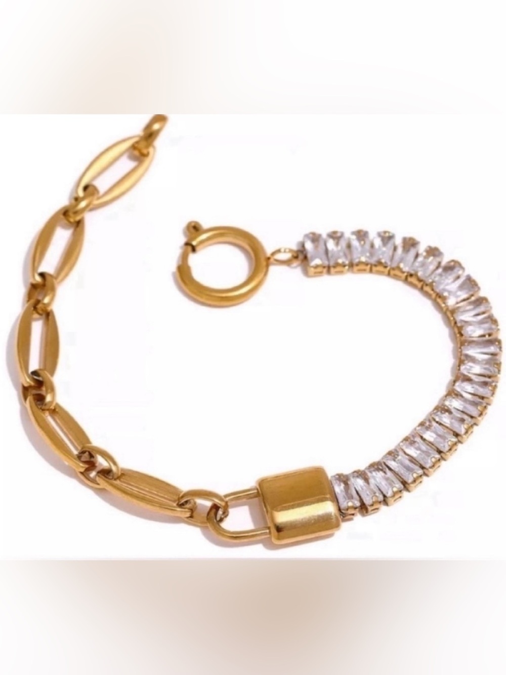 Gold Plated Waterproof Lock Chain Bling Cubic Zirconia Bracelet Sparkly New
